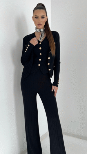 Black Ribbed 3 Pc Co-Ord Set with Button Detail