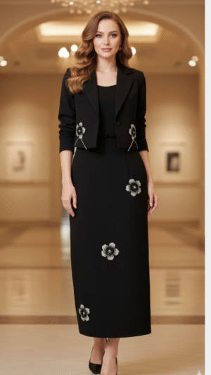 Black Blazer & Skirt Co-Ord Set with Floral Embroidery