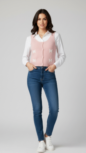 Butterfly Knit Vest with White Shirt(Pink Color)