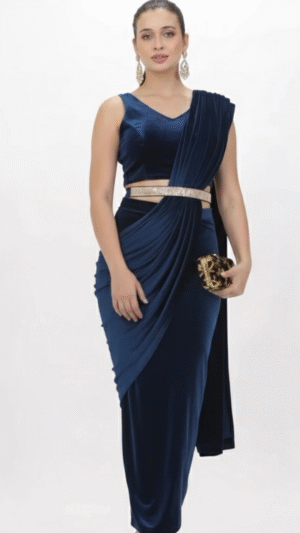 Royal Drape Navy Saree-Style Party Dress
