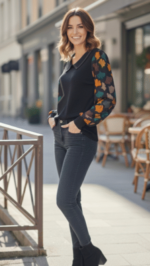 Printed Sleeve Asymmetrical Panel Top