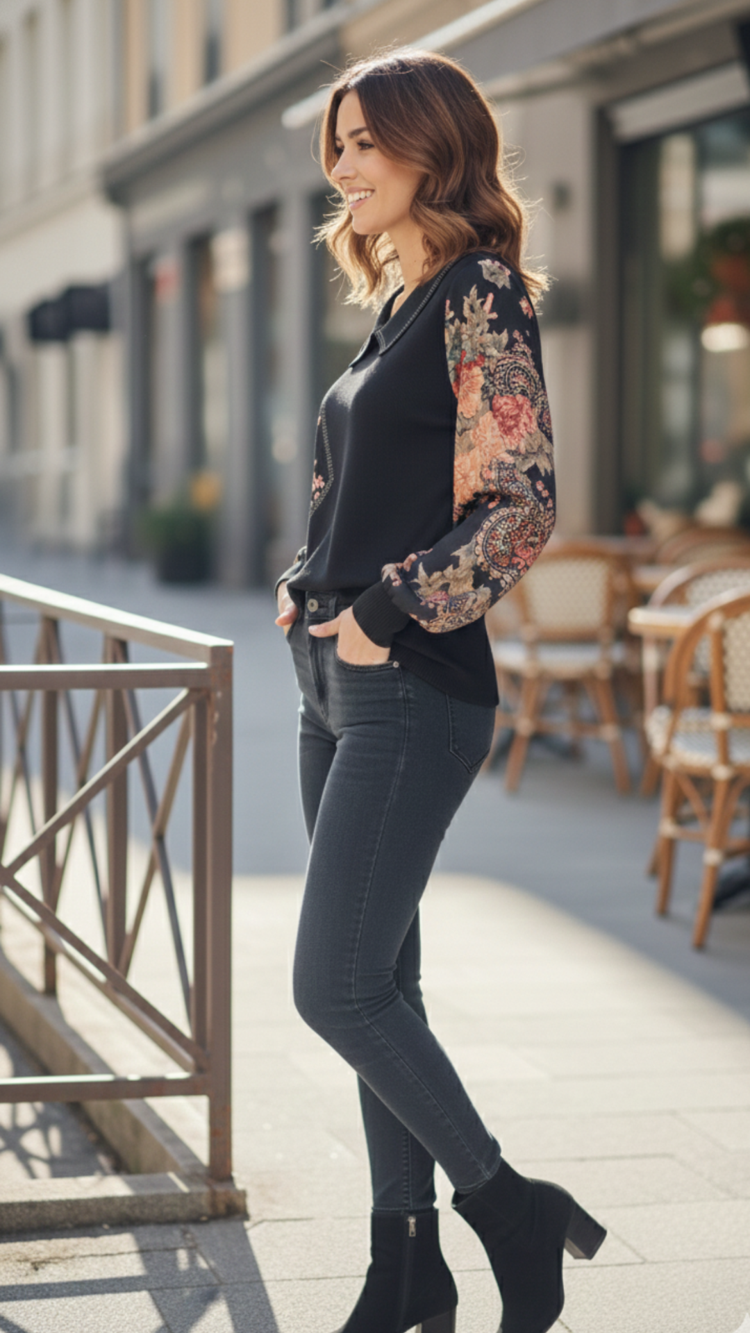 Printed Sleeve Asymmetrical Floral Panel Top - Image 3