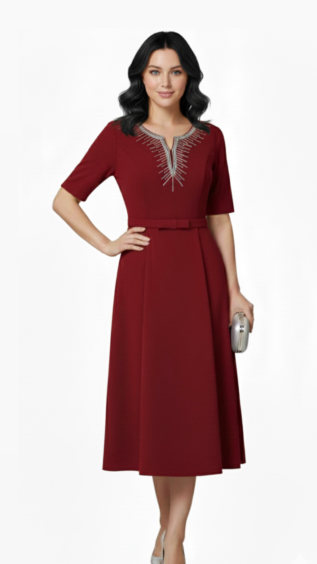 maroon-embellished-flared-dress