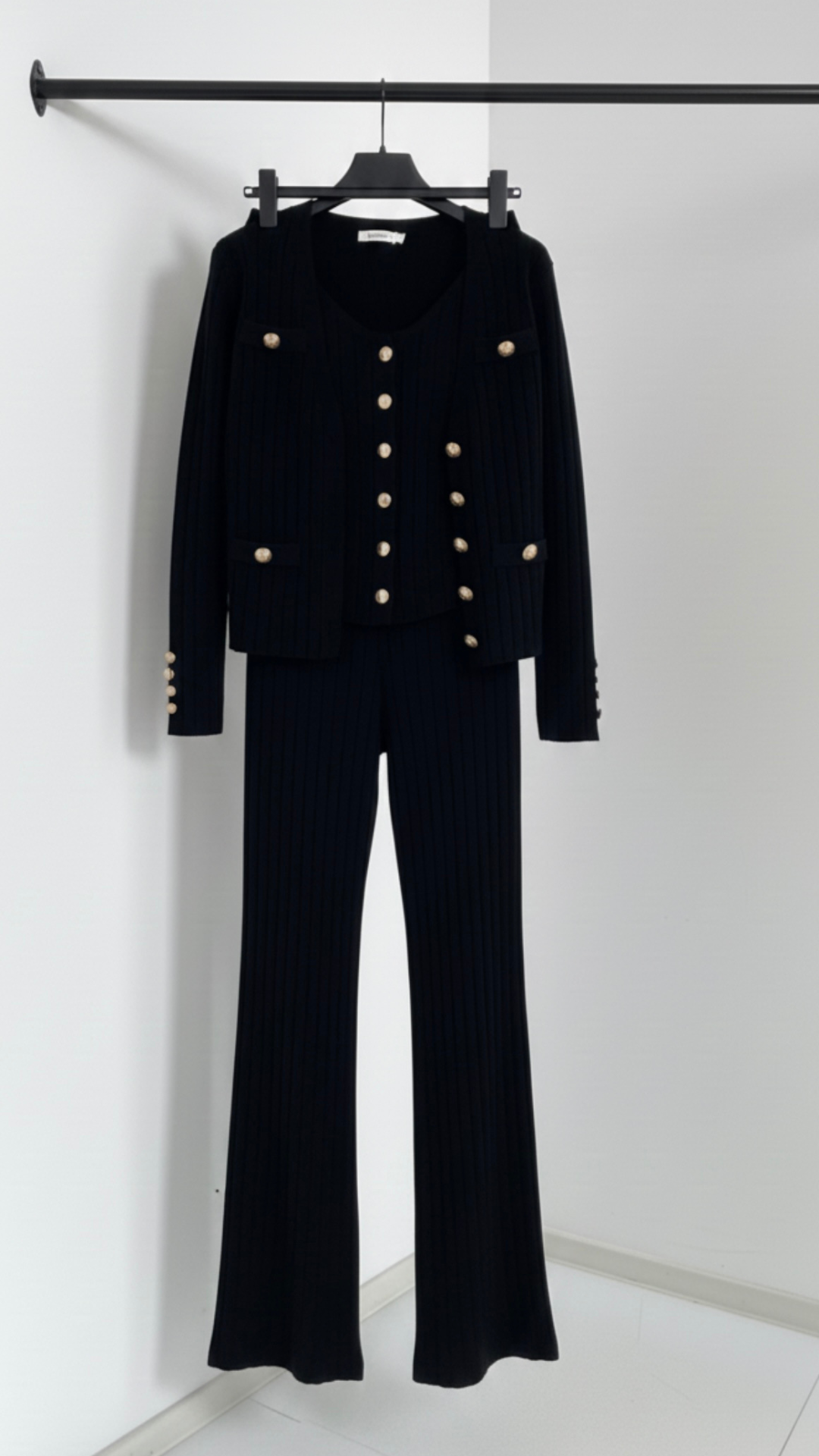 Black Ribbed 3 Pc Co-Ord Set with Button Detail - Image 5