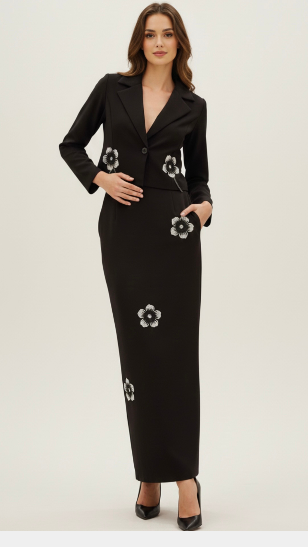 Black Blazer & Skirt Co-Ord Set with Floral Embroidery - Image 5