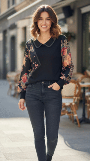 Printed Sleeve Asymmetrical Floral Panel Top