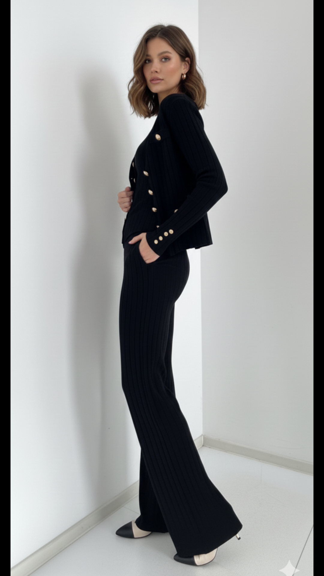 Black Ribbed 3 Pc Co-Ord Set with Button Detail - Image 4