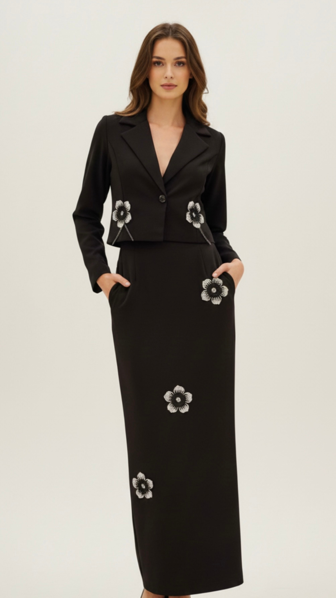 Black Blazer & Skirt Co-Ord Set with Floral Embroidery - Image 4