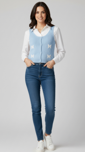 Butterfly Knit Vest with White Shirt(Blue Color)