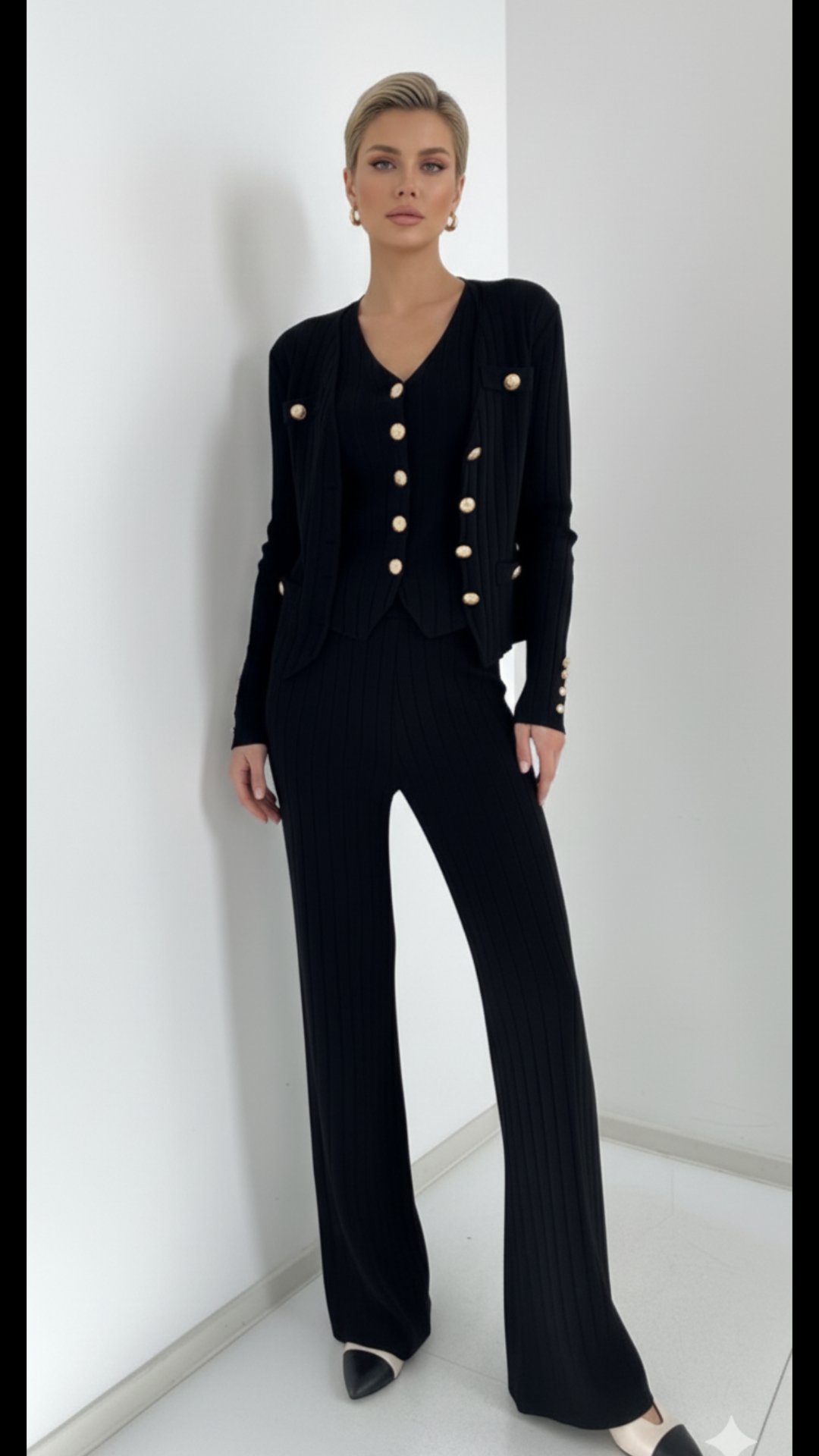 Black Ribbed 3 Pc Co-Ord Set with Button Detail - Image 3