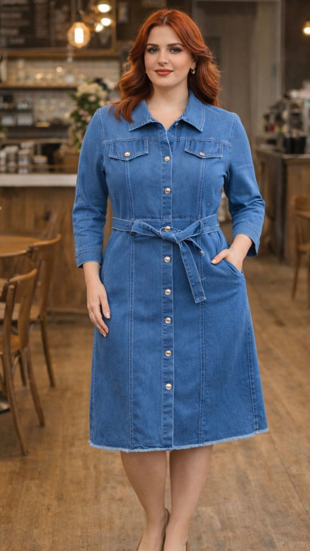 Classic Denim Belted Shirt Midi Dress