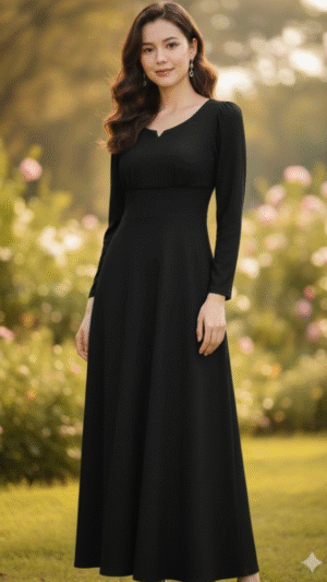 black-textured-long-flared-dress