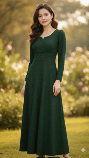 green-textured-long-flared-dress