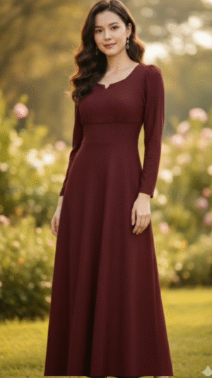 red-textured-long-flared-dress